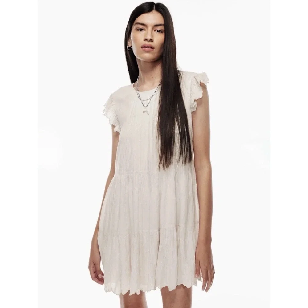 Aritzia Wilfred Sidonie Mini Dress Size L Babydoll Tiered Prairie Peasant Ruffle